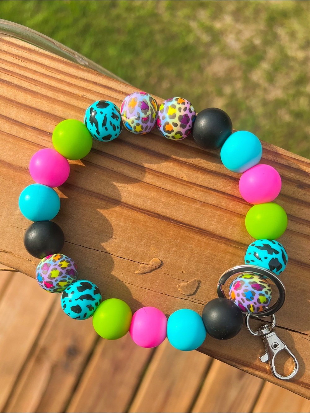 Handmade Multicolor Beaded Keychain Wristlet - Pink, Blue, Green & Black